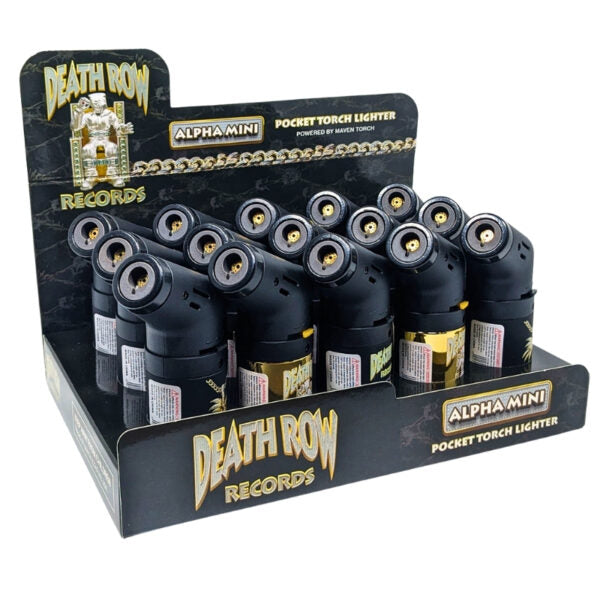 A retail display box filled with black Death Row Records Alpha Mini pocket torch lighters, shown against a plain white background.