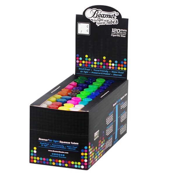 A retail display box of Beamet Air Tight Squeeze Tubes, showing a variety of colorful disposable vape pen cartridges inside a black cardboard stand-up case on a white background.