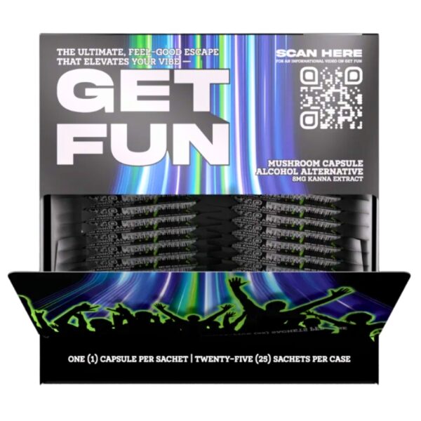 A retail display box of 'Get Fun' mushroom capsule alcohol alternative sachets, featuring a black and holographic blue-purple design with silhouettes of people dancing.
