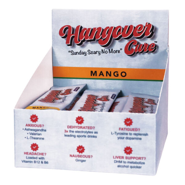 A retail display box of Hangover Cure Mango energy bars, showing several individually wrapped bars inside a white cardboard counter display with red and orange branding and symptom labels.