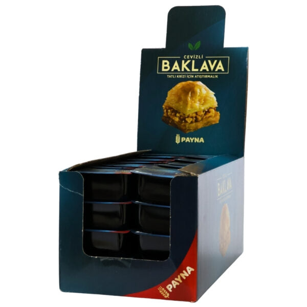 A retail display box of Payna Cevizli Baklava, showing multiple individually wrapped pieces inside. The packaging is dark blue with a red accent on the bottom corner and a photo of a baklava piece on the top panel.