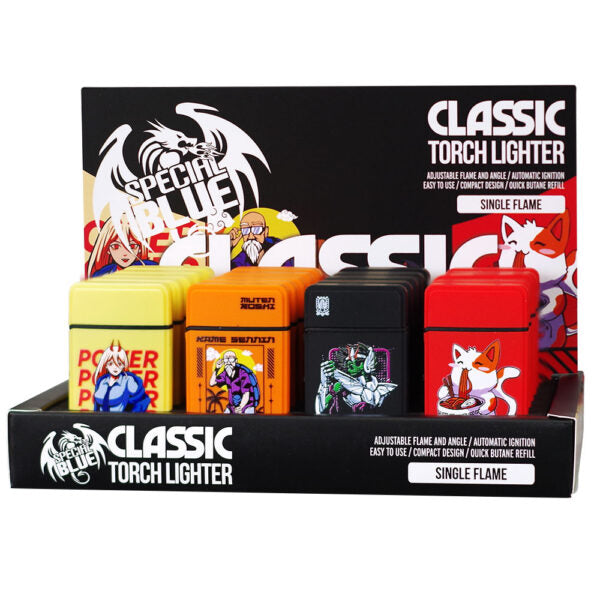A retail display box of six custom flame torch lighters from Dragon Fire, featuring various colorful character designs on the lighters and a black backing card with anime graphics.