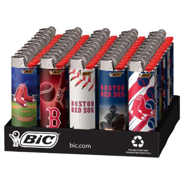 A retail display of BIC Boston Red Sox themed lighter matches, showing multiple silver and red BIC lighters with Boston Red Sox logos and graphics, arranged in a black plastic display stand.