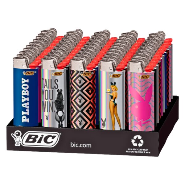 A retail display of BIC Playboy lighter sticks arranged in rows on a black BIC branded tray. The lighter bodies feature various designs including blue, silver with bunny tail patterns, pink, and yellow bunny graphics, with silver metal tops.