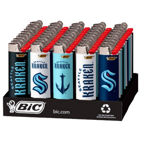 A retail display of BIC Seattle Kraken plastic lighter refill canisters arranged in rows on a black branded stand. The cans show Seattle Kraken team branding in navy, white, and light blue, with red lighter tops visible.