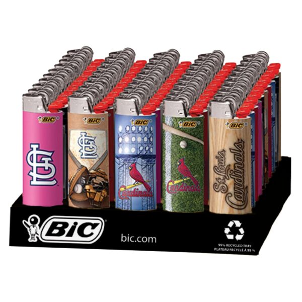 A retail display of BIC St. Louis Cardinals lighter-shaped plastic forks arranged on a black branded stand against a white background.