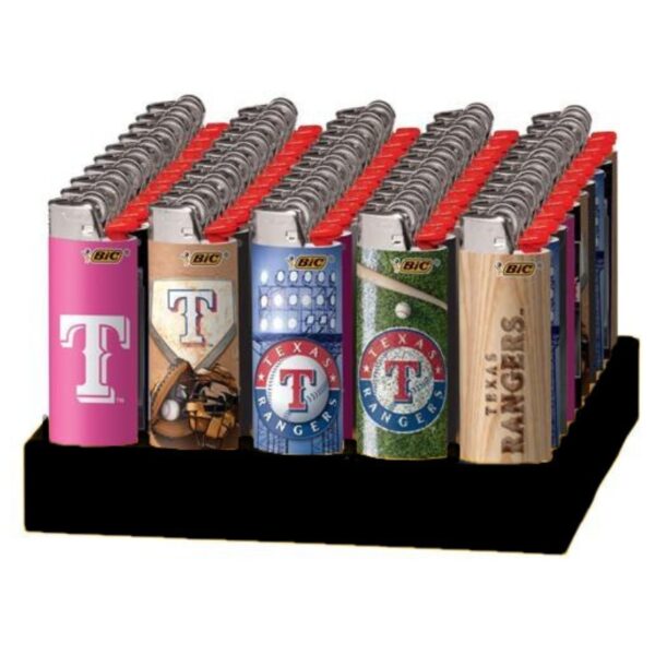 A retail display of BIC Texas Rangers themed lighter matches, featuring various team colors and designs including pink, blue, green, and wood-grain patterns, arranged in rows on a black stand.