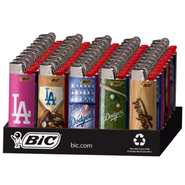 A retail display of BIC lighter,  featuring Los Angeles Dodgers team designs in pink, tan, blue, and green, with silver metal tops and red BIC logos.
