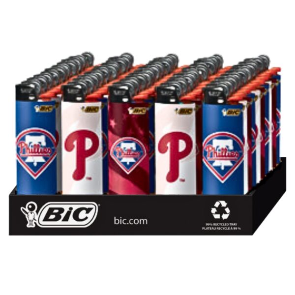 A retail display of BIC lighter featuring Philadelphia Phillies team designs, including blue and white lighters with red 'P' logos and red and white lighters with Phillies logos, arranged on a black BIC branded base.