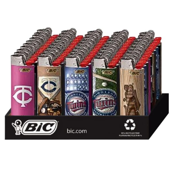 A retail display of BIC lighters featuring Minnesota Twins themed designs, including team logos and a wooden plank style lighter, set against a plain white background.