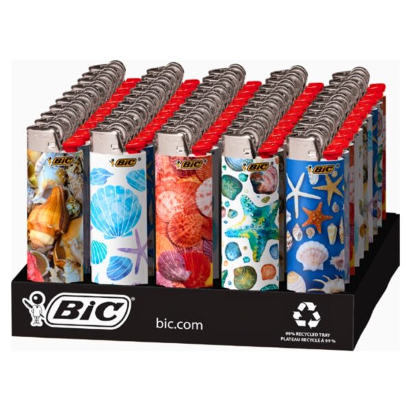 A retail display of BIC lighters with various colorful seashell and starfish patterns, set in a black BIC branded counter tray.