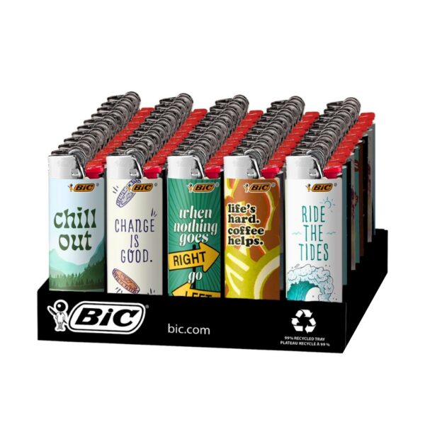 A retail display stand filled with BIC lighteres featuring different printed designs and slogans, including 'chill out', 'CHANGE IS GOOD.', 'when nothing goes RIGHT', 'life's hard: coffee helps', and 'RIDE THE TIDES'.