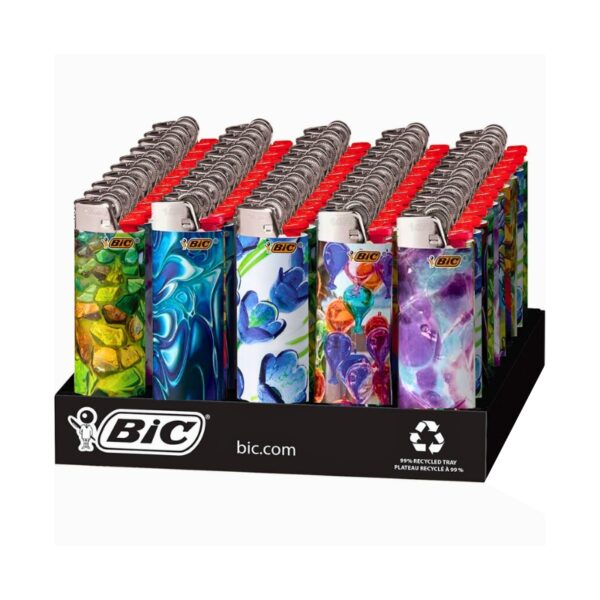 A retail display stand filled with BIC lighteres featuring various colorful recycled plastic patterns and red tops, set against a plain white background.