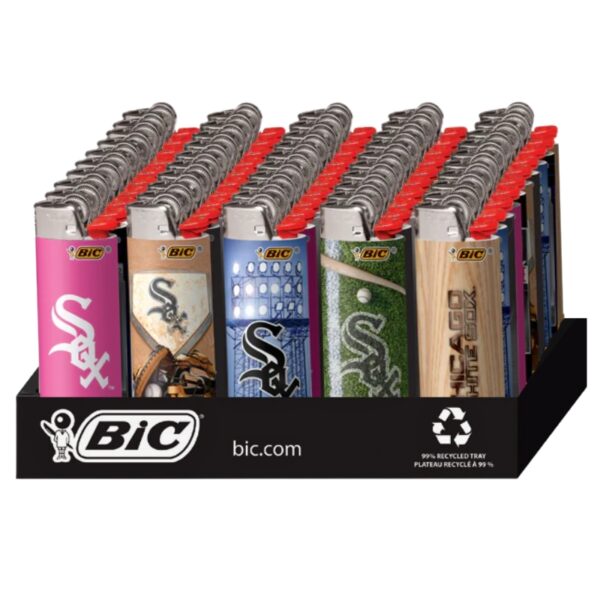 A retail display stand filled with BIC lighters featuring Chicago White Sox themed designs, including team logos and colors, set against a plain white background.