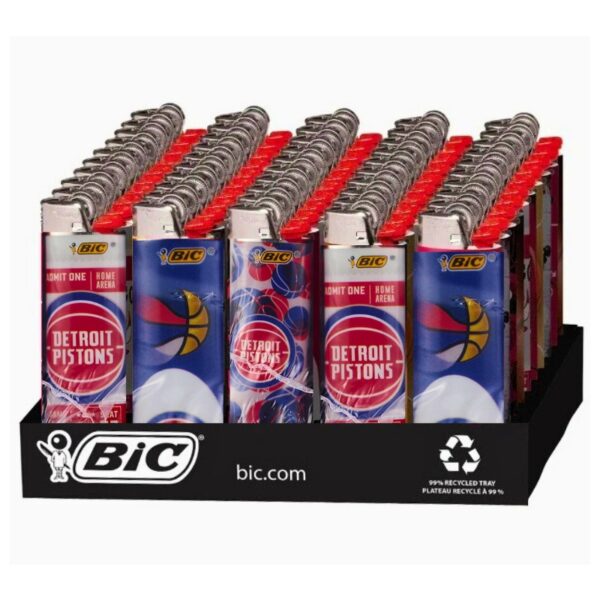 A retail display tray filled with BIC Light One Streak Ash Detroit Pistons lighters, arranged in rows on a black branded tray against a white background.
