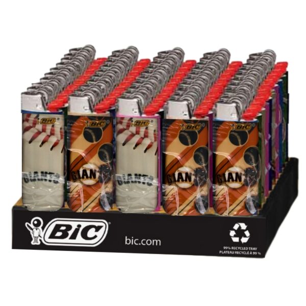 A retail display tray filled with BIC lighters. The front row lighters have a black, white, and red football graphic, while the row behind them feature different sports team graphics including a baseball player, a football player, and a basketball player.