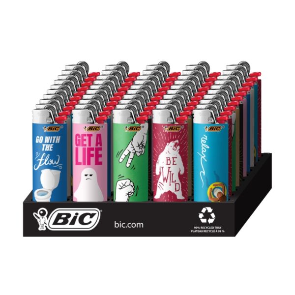 A retail display tray filled with BIC lighters. The front row shows five distinct lighters with colorful designs: blue with a toilet graphic and 'GO WITH THE Flow', pink with a ghost and 'GET A LIFE', green with a hand gesture and 'BE HILD', red with a cat and 'BE WILD', and blue with a cat graphic and 'Be Wild'.