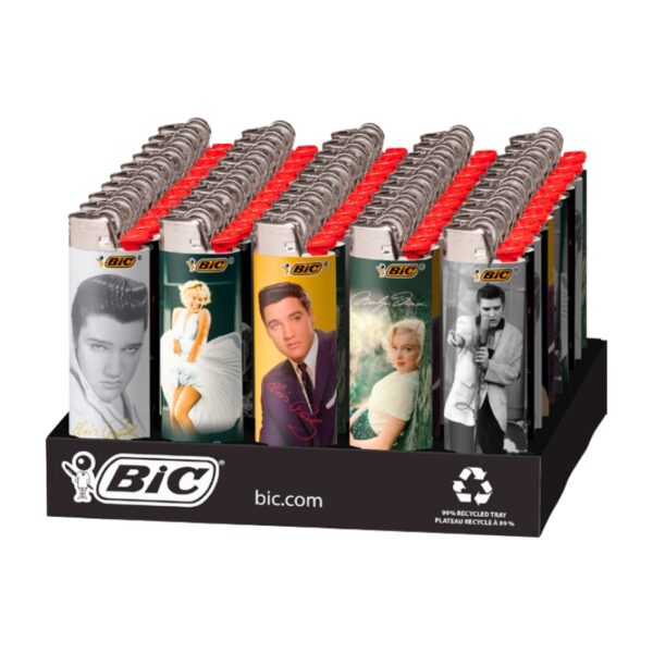 A retail display tray filled with BIC lighters. The lighters feature different printed designs, including Elvis Presley, Marilyn Monroe, and Frank Sinatra, with silver metal bodies and red tips.