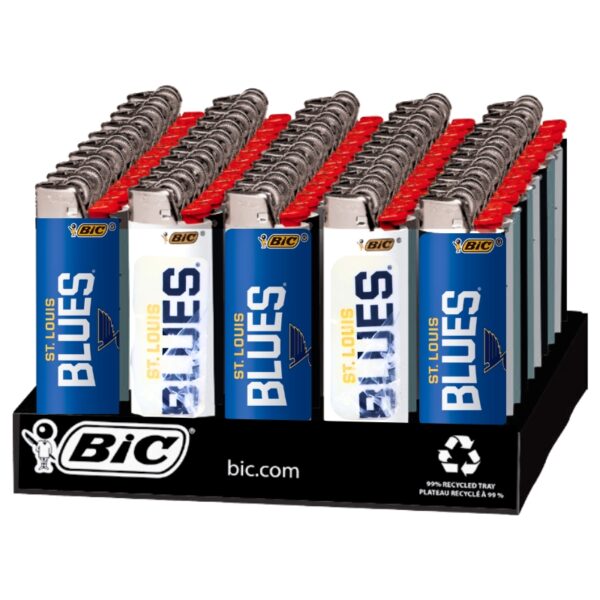 A retail display tray filled with multiple BIC St. Louis Blues lighters.