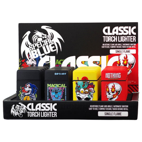 A retail display tray holding five Special Blue Classic Torch Lighters with different colorful skull and flame graphics on a black background.