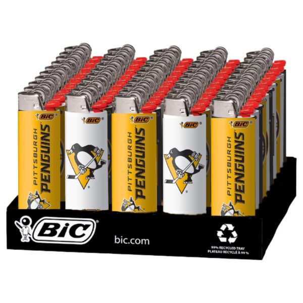 A retail display tray of BIC Pittsburgh Penguins lighters, featuring yellow and white canisters with red tops, set against a plain white background.