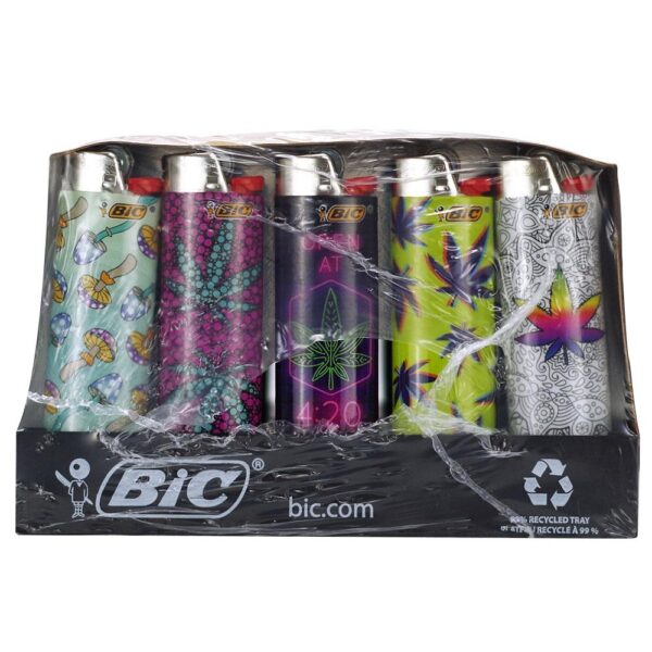 A retail pack of six BiC disposable lighter matches in a clear plastic-wrapped black tray. The lighter bodies feature various colorful psychedelic patterns including floral, cannabis leaf, and geometric designs in shades of green, purple, yellow, and silver.