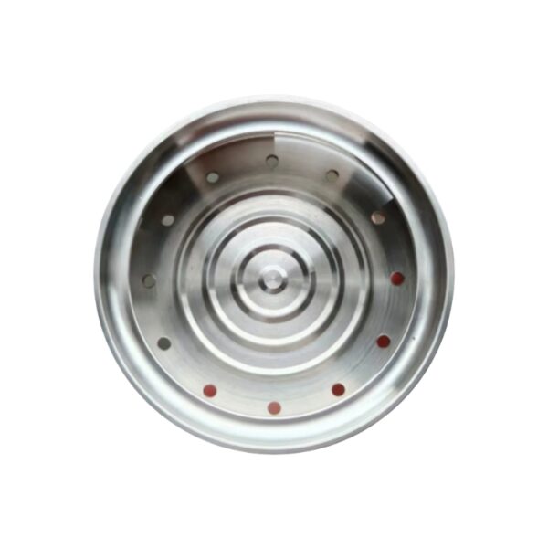 A round stainless steel pot insert or steamer lid with concentric circular ridges and small ventilation holes, shown from a top-down view on a light gray background.