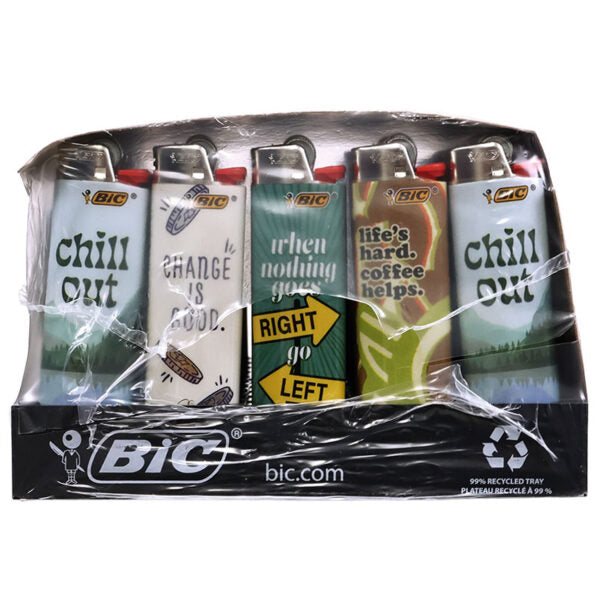 A set of five BIC lighters in a clear plastic tray with a black branded base, wrapped in clear plastic. The lighters have different designs and quotes including 'chill out', 'CHANGE IS GOOD.