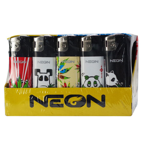 A set of five NEGN brand disposable lighters in a yellow cardboard tray, wrapped in clear plastic. The lighters feature black bases with various colorful designs including red and white stripes, a panda face, tropical leaves, and panda illustrations.