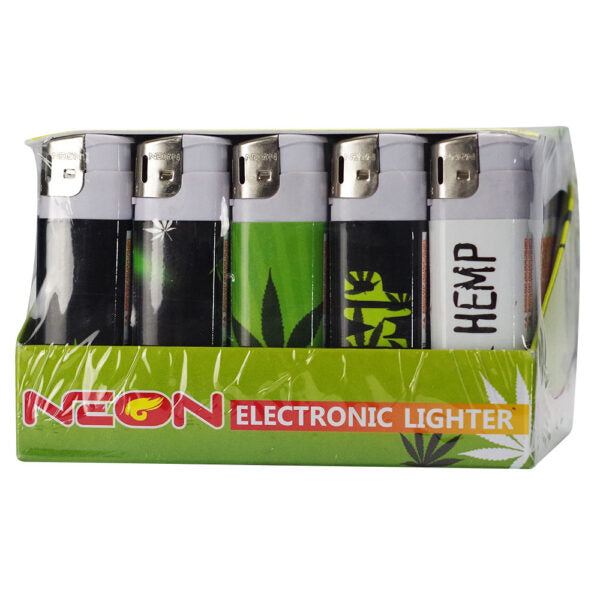 A set of five NEON brand electronic lighters in a clear plastic clamshell package. The lighters feature black, green, and white designs with cannabis leaf graphics, and the box is labeled 'NEON ELECTRONIC LIGHTER'.