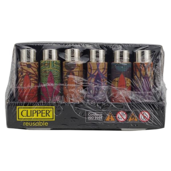 A set of five reusable Clipper lighters in a black plastic tray, wrapped in clear plastic. The lighters feature various colorful, patterned bodies in red, green, orange, and purple, with silver metal caps.