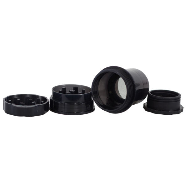 A set of four black plastic cylindrical components, likely a lens filter adapter or camera lens accessory, arranged horizontally on a plain white background.