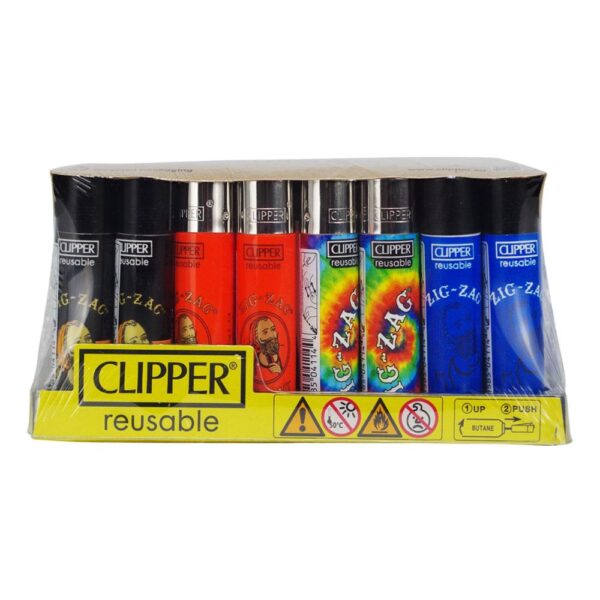 A set of reusable Clipper Z-A-G-24 disposable-style lighters in a clear plastic retail package with a yellow front label. The lighters show multiple color options including black, red, blue, and a rainbow tie-dye design.