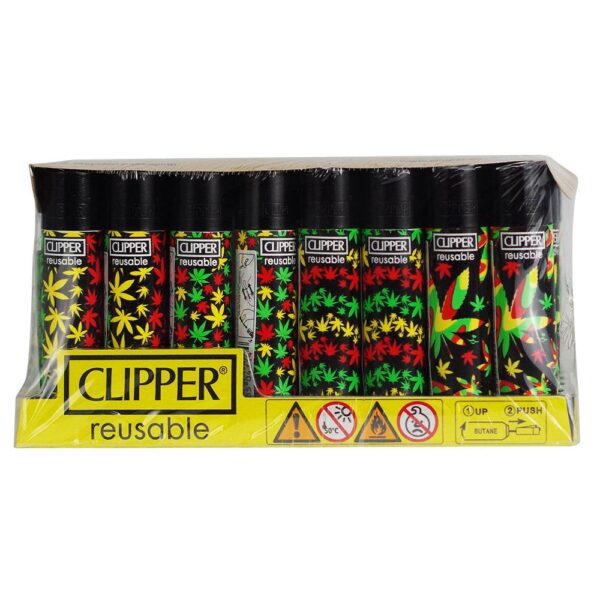 A set of reusable Clipper disposable lighter-style devices in a clear plastic clamshell package with a yellow front label. The devices have black caps and bodies decorated with colorful cannabis leaf patterns in green, yellow, and red on a black background.