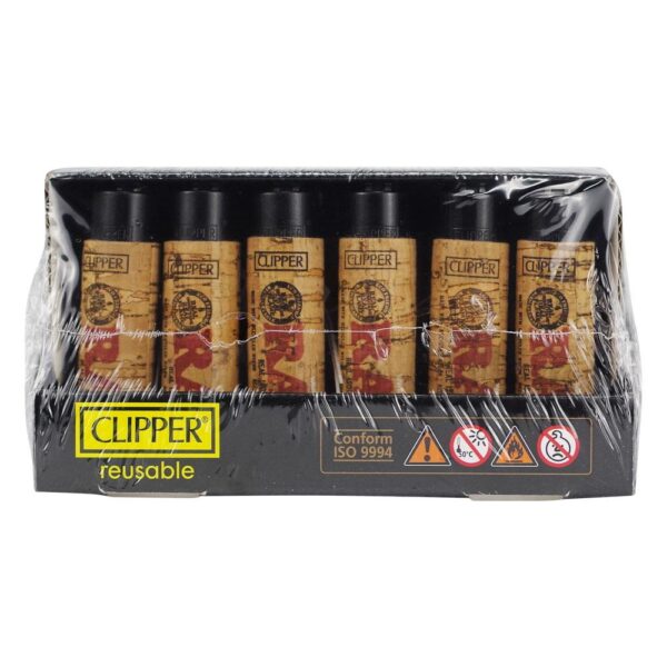A set of six Clipper lighter in a black retail box, wrapped in clear plastic. The lighters have black caps and labels with a tan background and red graphics.