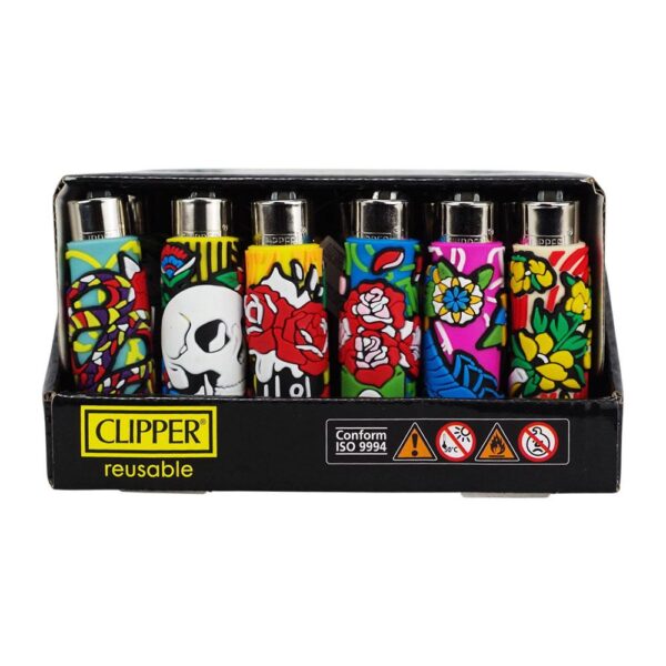 A set of six reusable Clipper disposable lighters in a black plastic tray, each featuring a different vibrant graffiti-style pattern including flowers, skulls, and abstract designs.