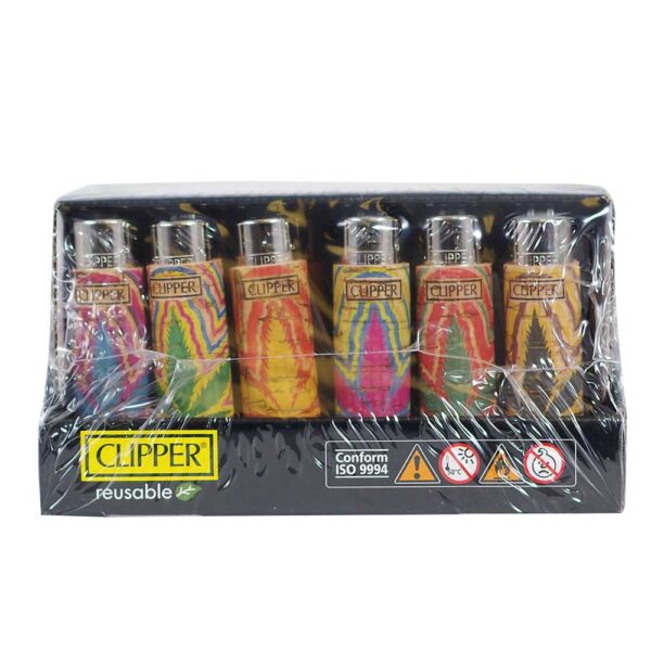 A set of six reusable Clipper flameless torch lighters with colorful tie-dye patterns, packaged in a black cardboard box with a clear plastic wrap.