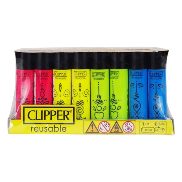 A set of six reusable Clipper highlighters in pink, yellow, green, and blue, packaged in a clear plastic sleeve with a yellow base.