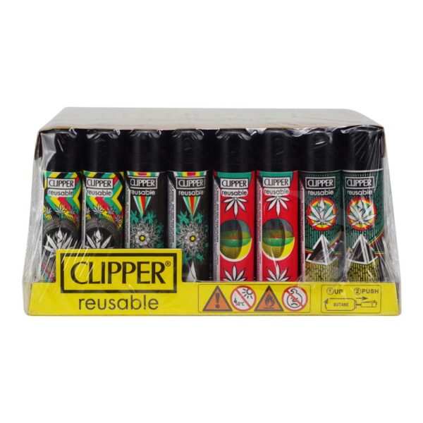 A set of six reusable Clipper lighter-style pens in a clear plastic clamshell package with a yellow front label. The pens have black tops and bodies with colorful printed designs in green, red, yellow, and white, and the brand name Clipper is visible on each pen and the front label.