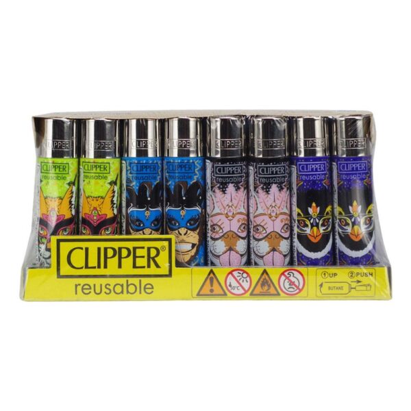 A set of six reusable Clipper lighters in a clear plastic display tray with a yellow base. The lighters feature different colorful mask designs including a green monkey, blue cat, pink cat, and black owl.