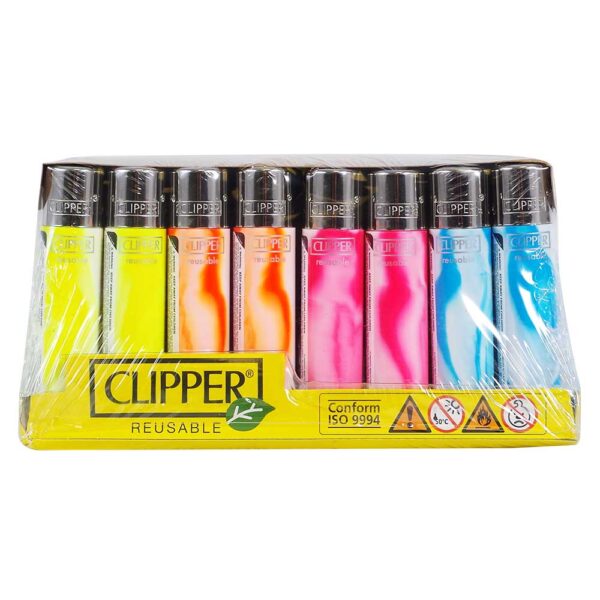 A set of six reusable Clipper lighters in assorted bright colors, packaged in a clear plastic clamshell with a yellow front label.