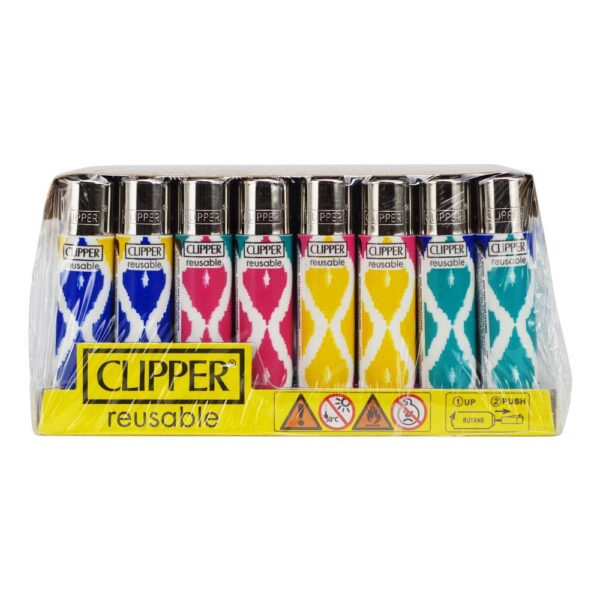 A set of six reusable Clipper refillable lighter clips in assorted colors (blue, pink, red, yellow, green, teal) with a white ikat pattern, packaged in a clear plastic sleeve with a yellow base.