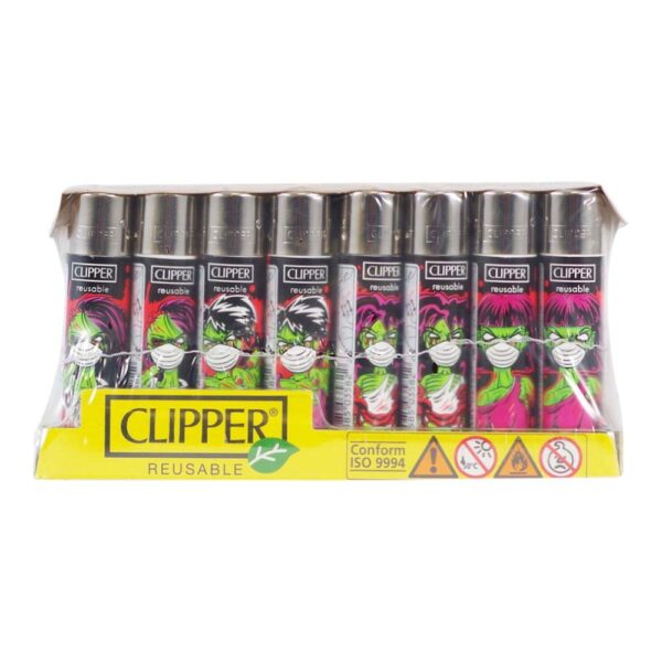 A set of ten Clipper reusable lighter-style pens in a clear plastic tray with a yellow branded base, shown on a white background.
