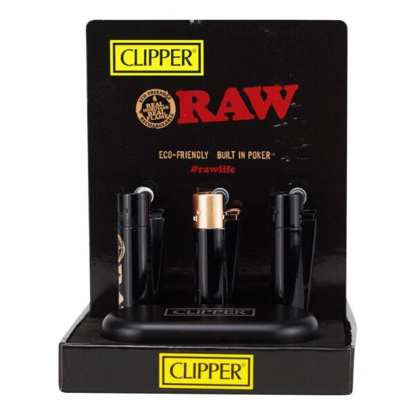 A set of three black RAW Clipper lighter holders on a black display stand, featuring one lighter with a gold-colored top. The display stand has 'CLIPPER RAW' branding.