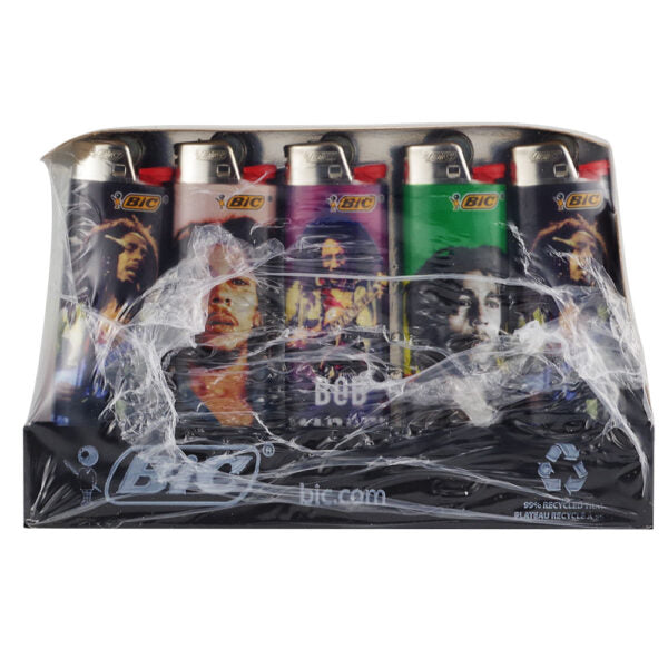 A shrink-wrapped pack of five BIC lighters with colorful printed designs, photographed on a plain white background.