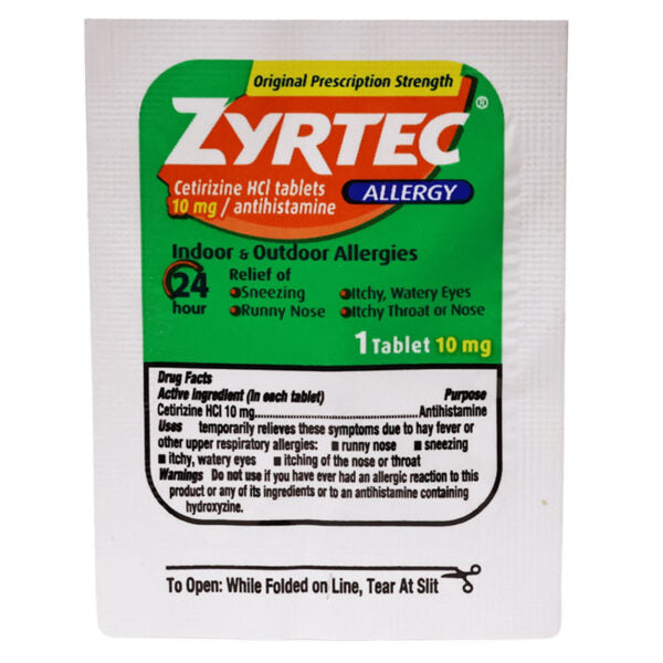 A single Zyrtec Allergy 10 mg tablet package sachet, shown against a plain white background. The packaging features the green and white Zyrtec logo with red and blue accents, along with product details and a black warning panel.