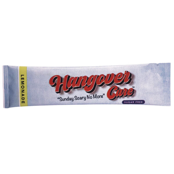 A single packet of Hangover Cure Lemonade sugar-free drink mix on a plain white background.