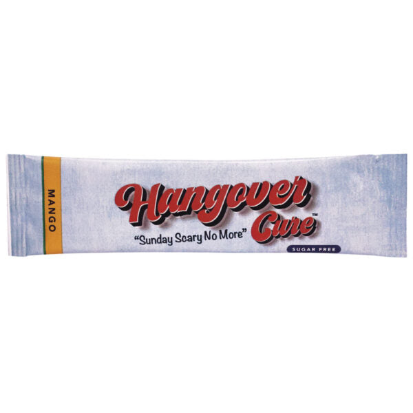 A single packet of Hangover Cure Mango sugar-free drink aid on a plain white background.