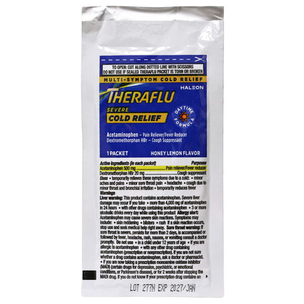 A single packet of Theraflu Severe Cold Relief, Honey Lemon Flavor, on a plain white background.