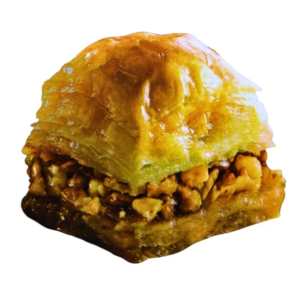 A single piece of golden-brown baklava with a glossy glaze and a filling of chopped nuts and syrup, isolated on a white background.